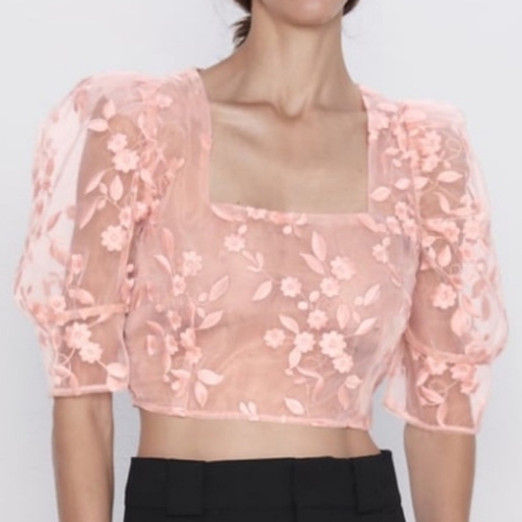 ⭐HOST PICK⭐ZARA Peach Organza Puff Sleeve Crop Top - Picture 1 of 11